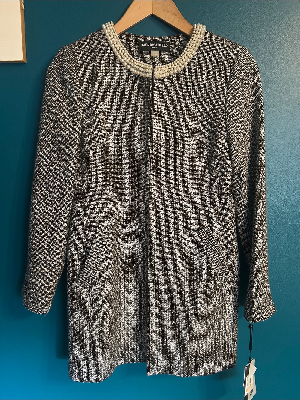 Karl Lagerfeld Black & White Tweed Coat Dress with Pearl Collar